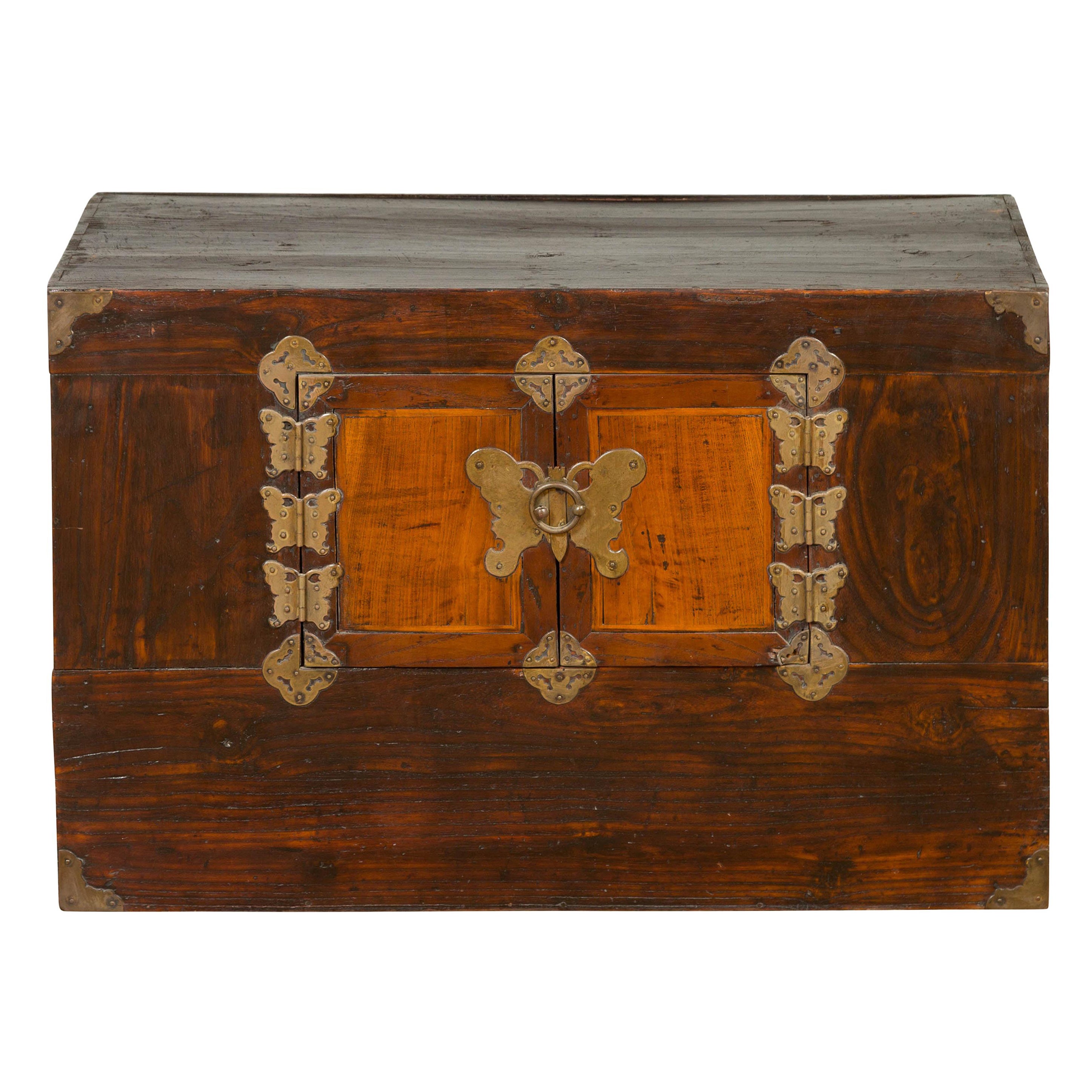 Korean Late 19th Century Two-Toned Side Chest with Brass Butterfly Hardware