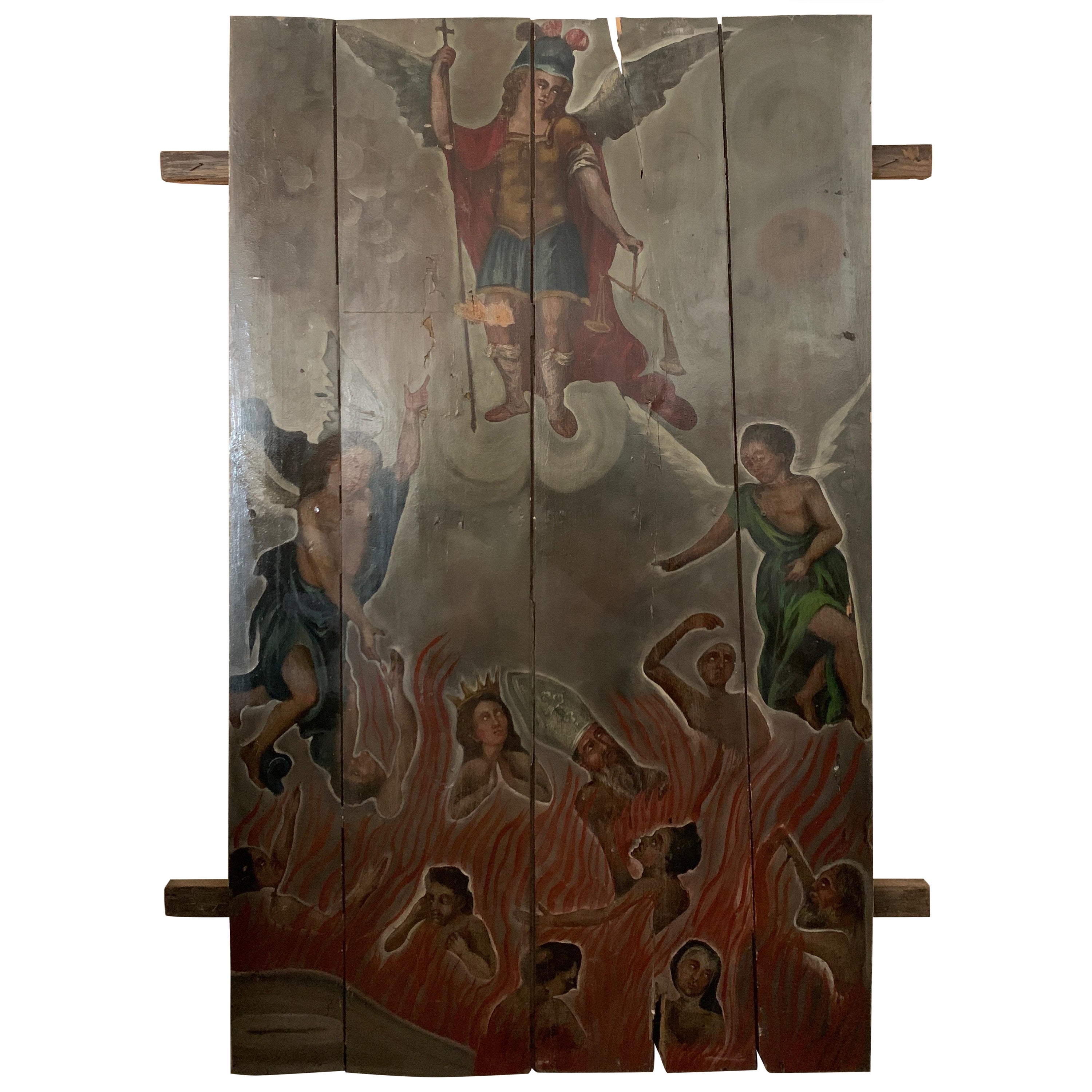 Panneau espagnol du 19ème siècle avec peinture de Saint Michel Archange en vente