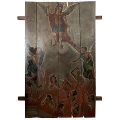 Panneau espagnol du 19ème siècle avec peinture de Saint Michel Archange