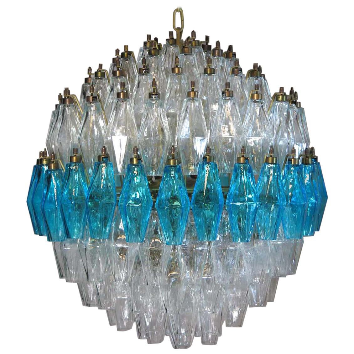 Amazing Spherical Murano Poliedri Candelier, 140 Poliedri Trasparent and Blue For Sale