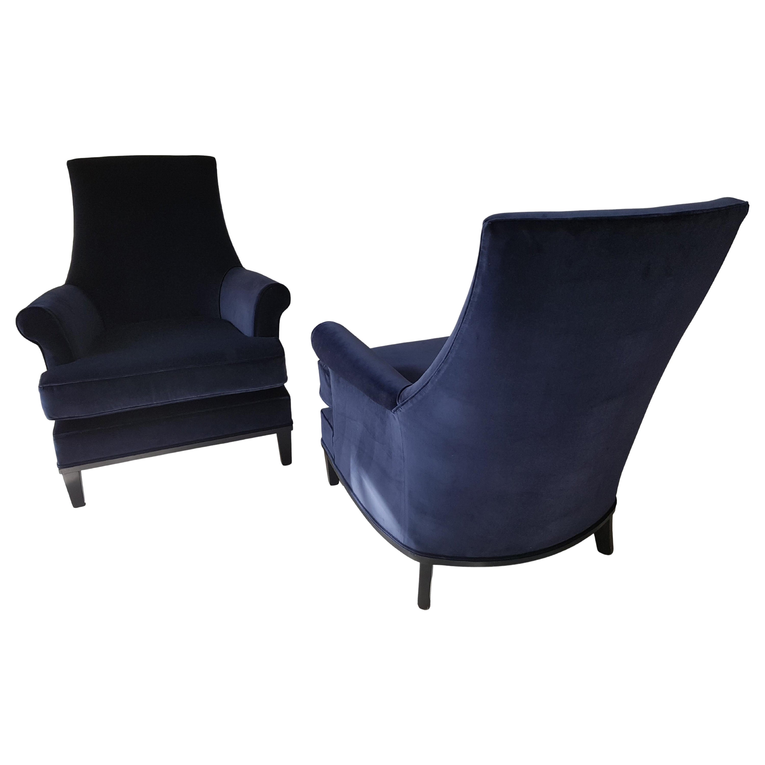 Mid-Century Modern Blue Velvet American Armchairs with Black Lacquered Frame For Sale