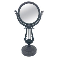 Antique Cast Iron Lyre Bouquet of Flowers and Fruit Vine Garlands Table Mirror