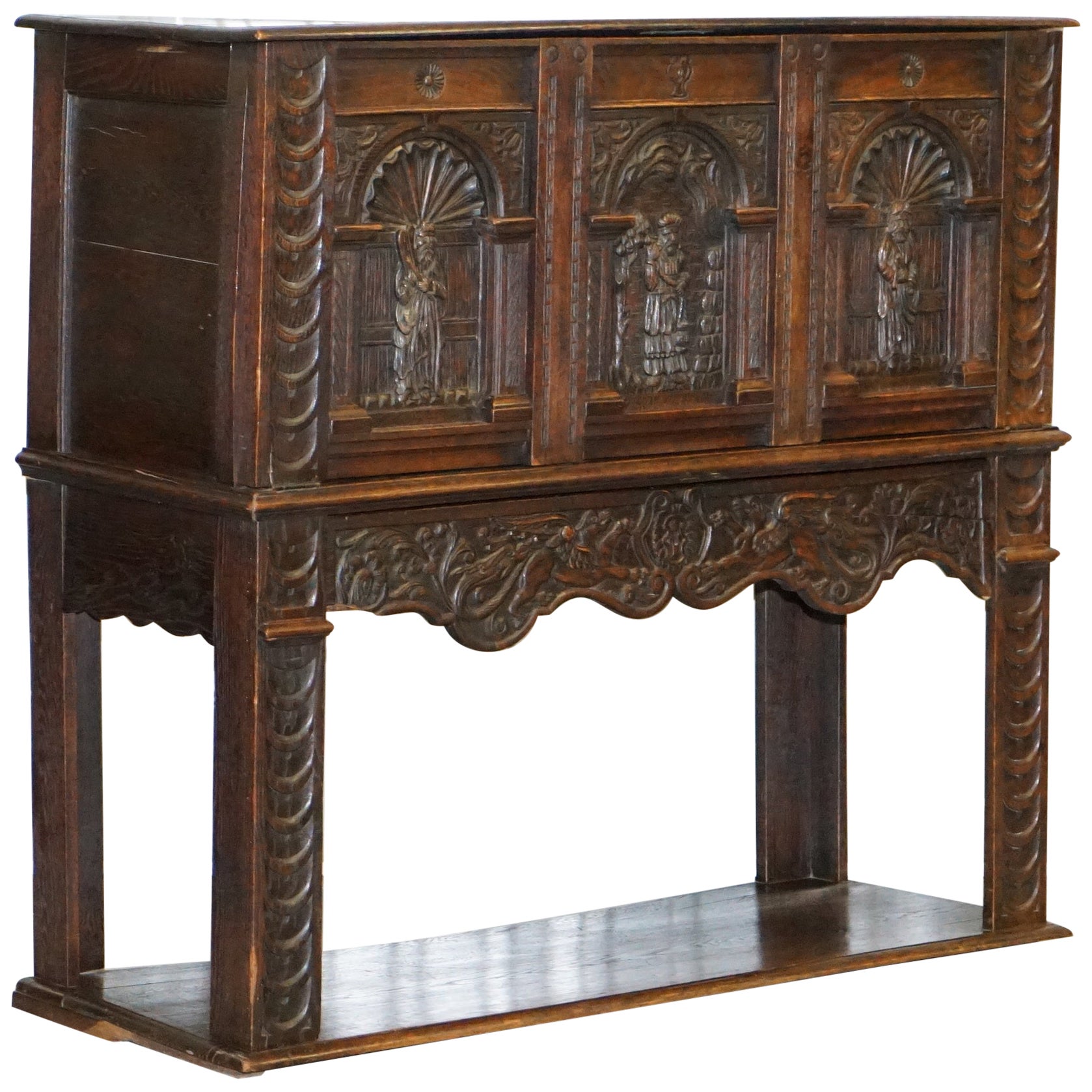 Antique Jacobean Floral Hand Painted Carved Walnut Blind Door Cupboard