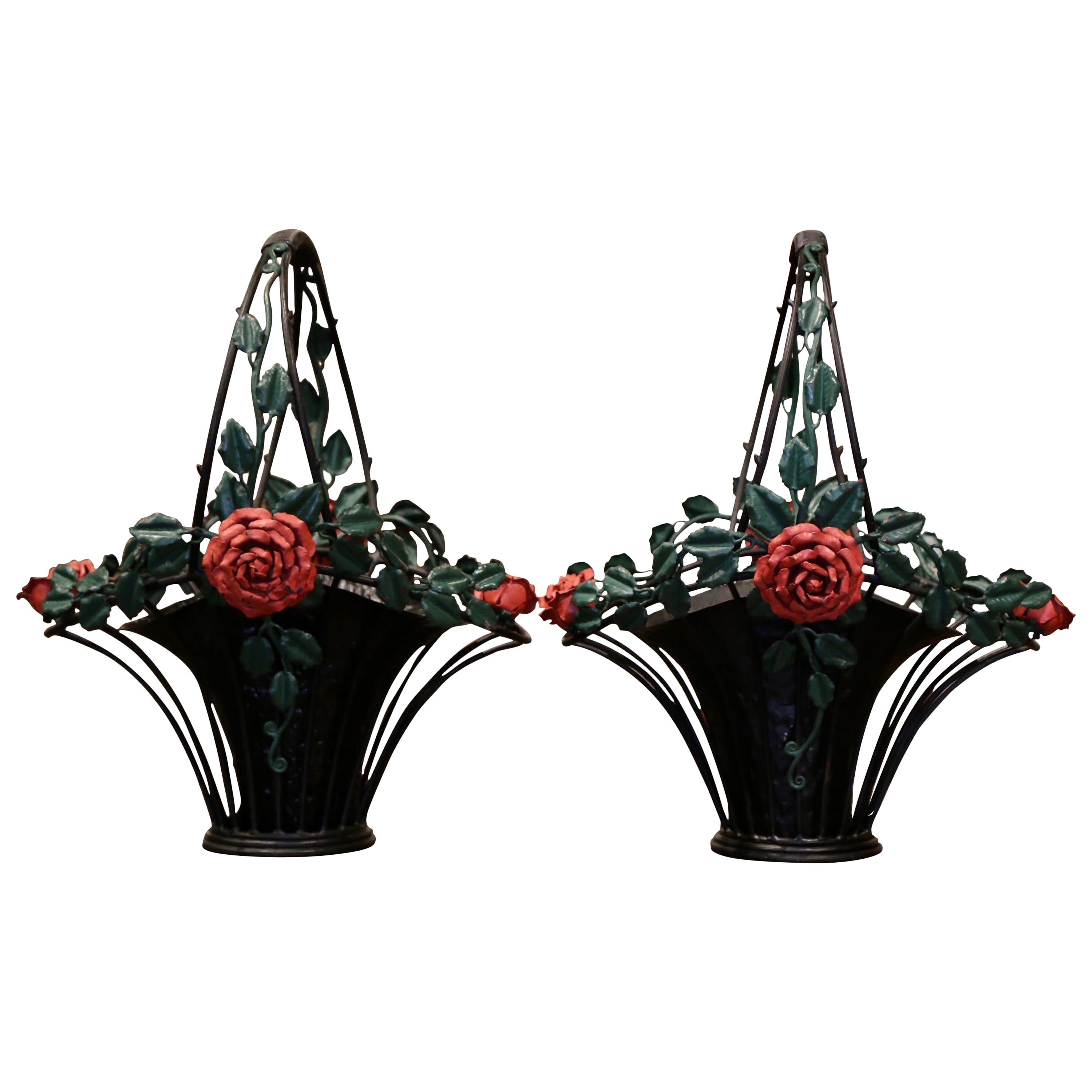 Pair of Vintage French Painted Metal Hanging Baskets with Floral and Leaf Decor For Sale