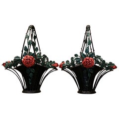 Pair of Vintage French Painted Metal Hanging Baskets with Floral and Leaf Decor