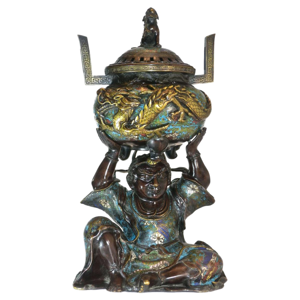 19th Century Japanese Bronze Burns Incense Character with Dragon For Sale