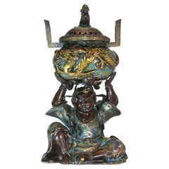 personnage d'encens brûlé en bronze japonais du 19e siècle avec dragon