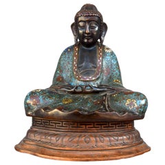 Antique Bouddha en bronze cloisonné sur socle