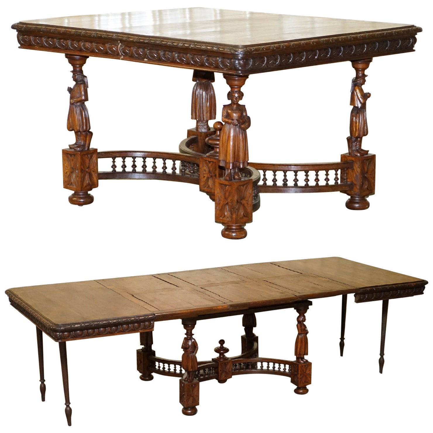 Exotic Antique HandCarved Italian Oystered Olive Wood Dining Table at