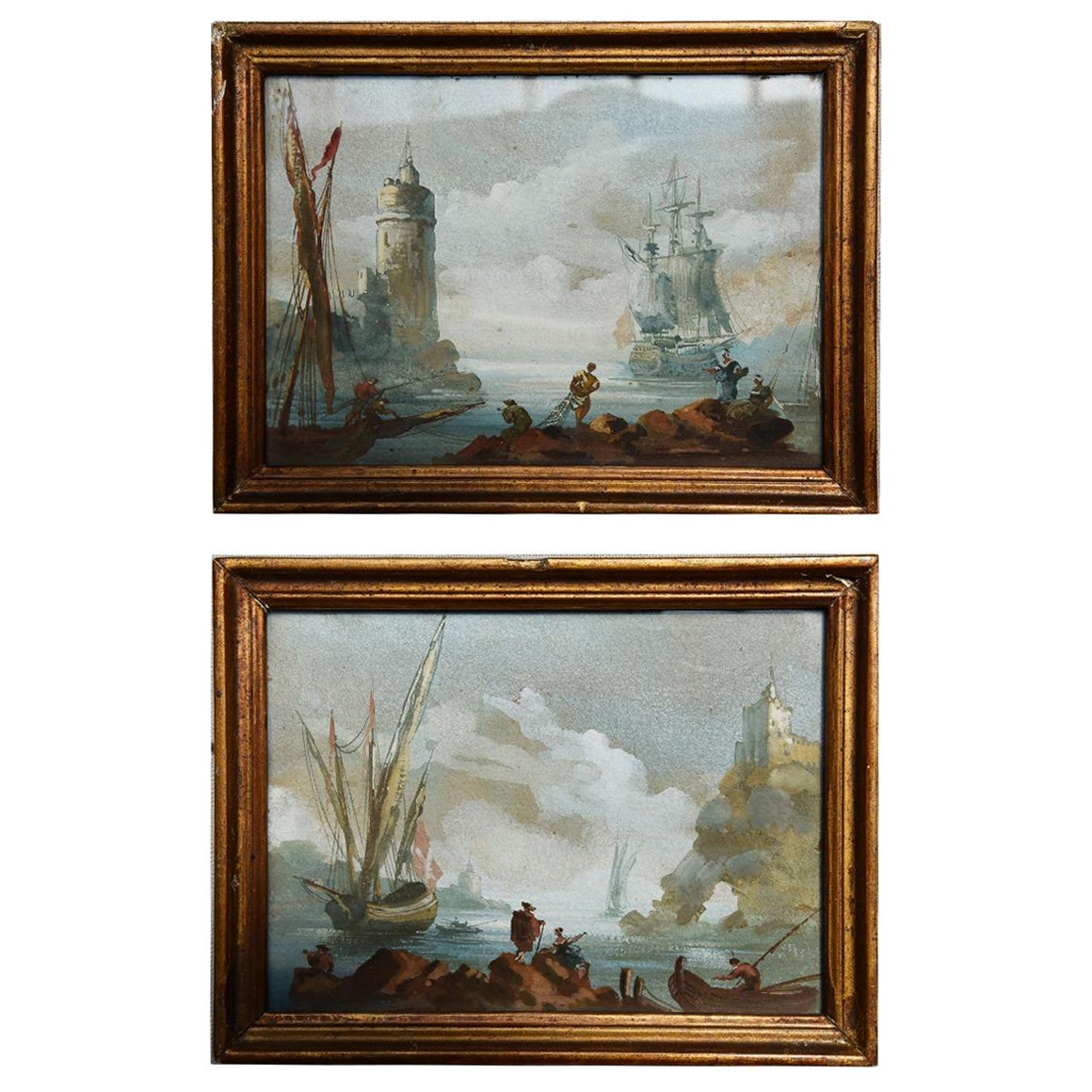 18th Pair of Century Watercolors in the Style of Vernet For Sale
