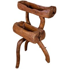 Antique One of a Kind, Hand-Crafted Two-Tier Rustic Wood Stand from France, circa 1920