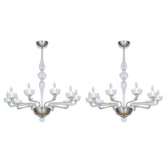 Pair of Deco Chandeliers Hand Carved Clear Color in Blown Murano Glass, Italy