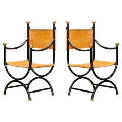 Pair of Heavy Brass, Iron and Thick Leather Savonarola Directors Chairs
