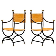 Pair of Heavy Brass, Iron and Thick Leather Savonarola Directors Chairs