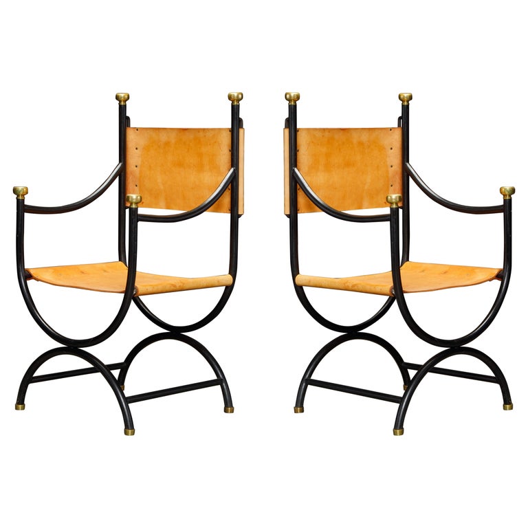 Pair of Heavy Brass, Iron and Thick Leather Savonarola Directors Chairs For Sale