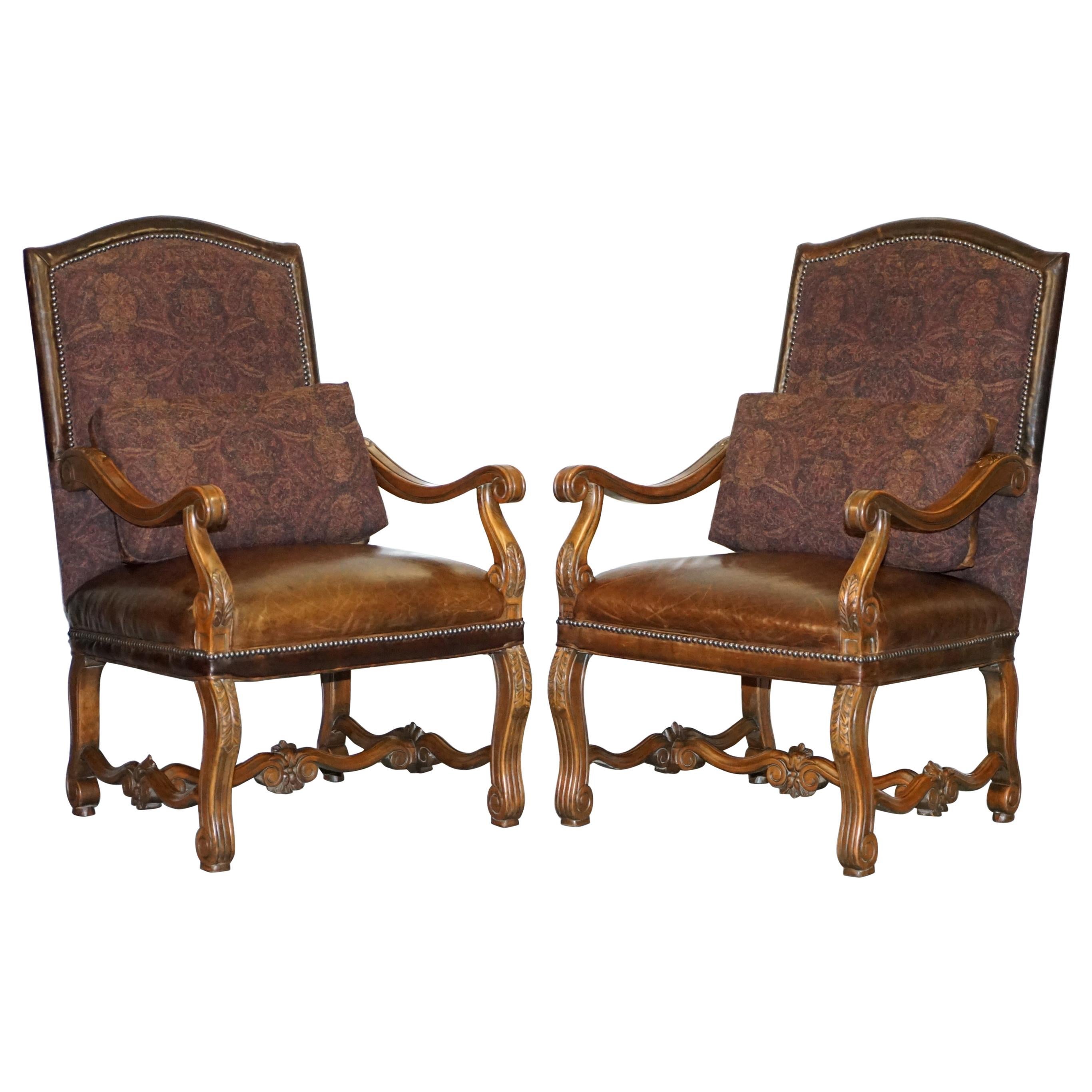 Pair of Ralph Lauren Edmund Brown Leather & Fabric Upholstered Throne Armchairs