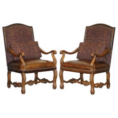 Pair of Ralph Lauren Edmund Brown Leather & Fabric Upholstered Throne Armchairs
