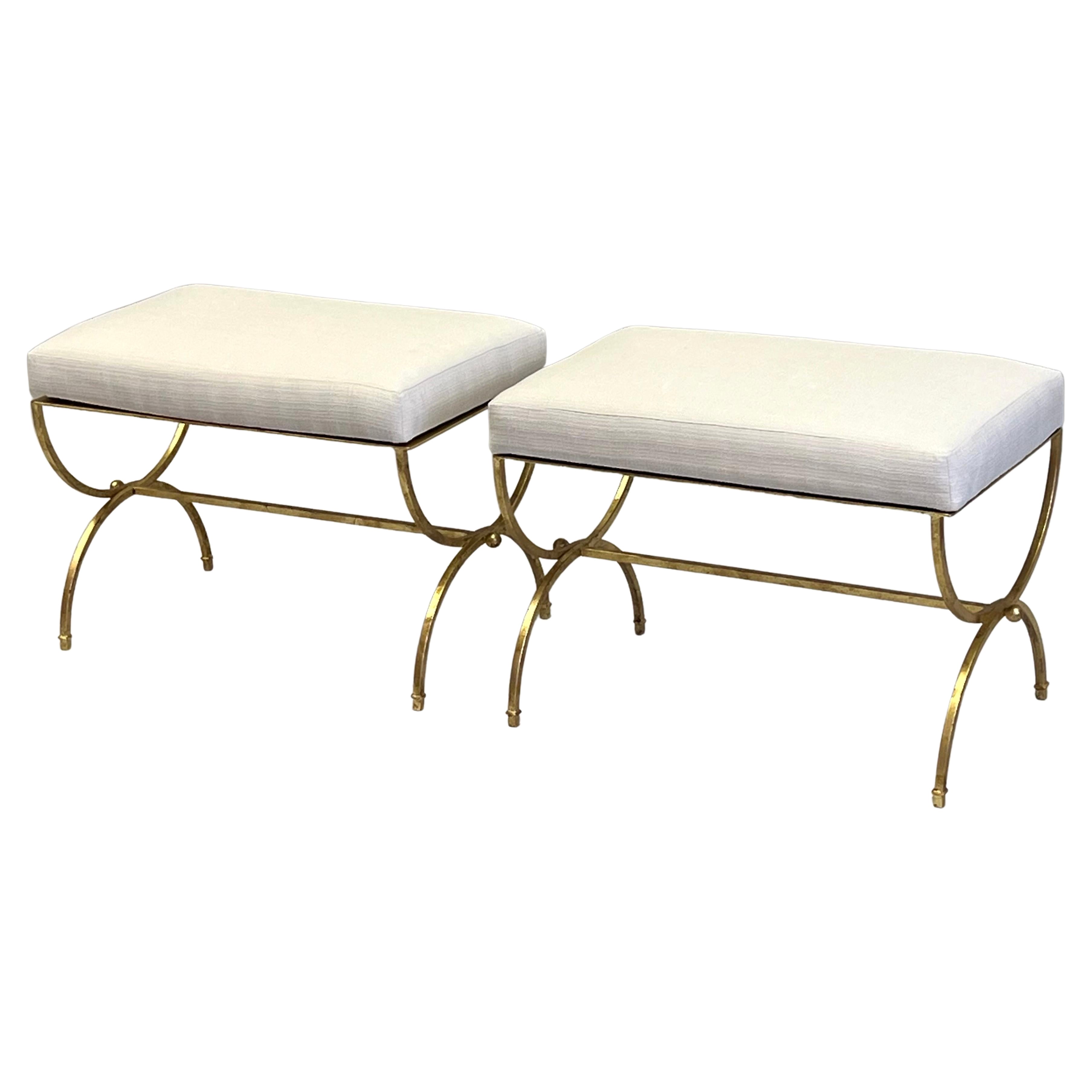 Pair of French Modern Neoclassical Gilt Iron Benches in Style of Raymond Subes