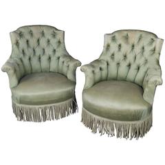 Pair of French 19th Century Tufted and Gendarme Backed Armchairs