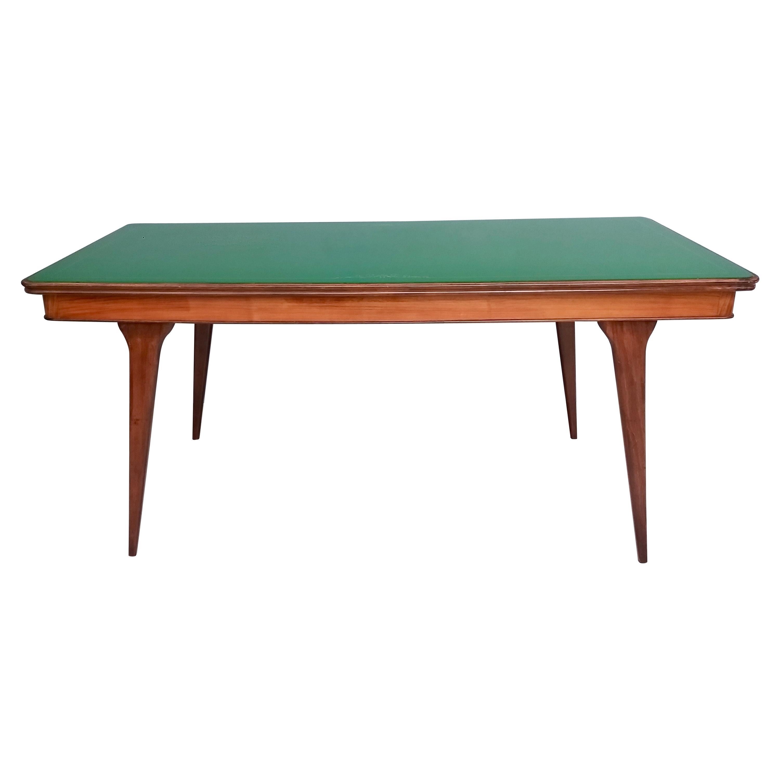Vintage Ebonized Beech and Walnut Dining Table with a Green Glass Top, Italy
