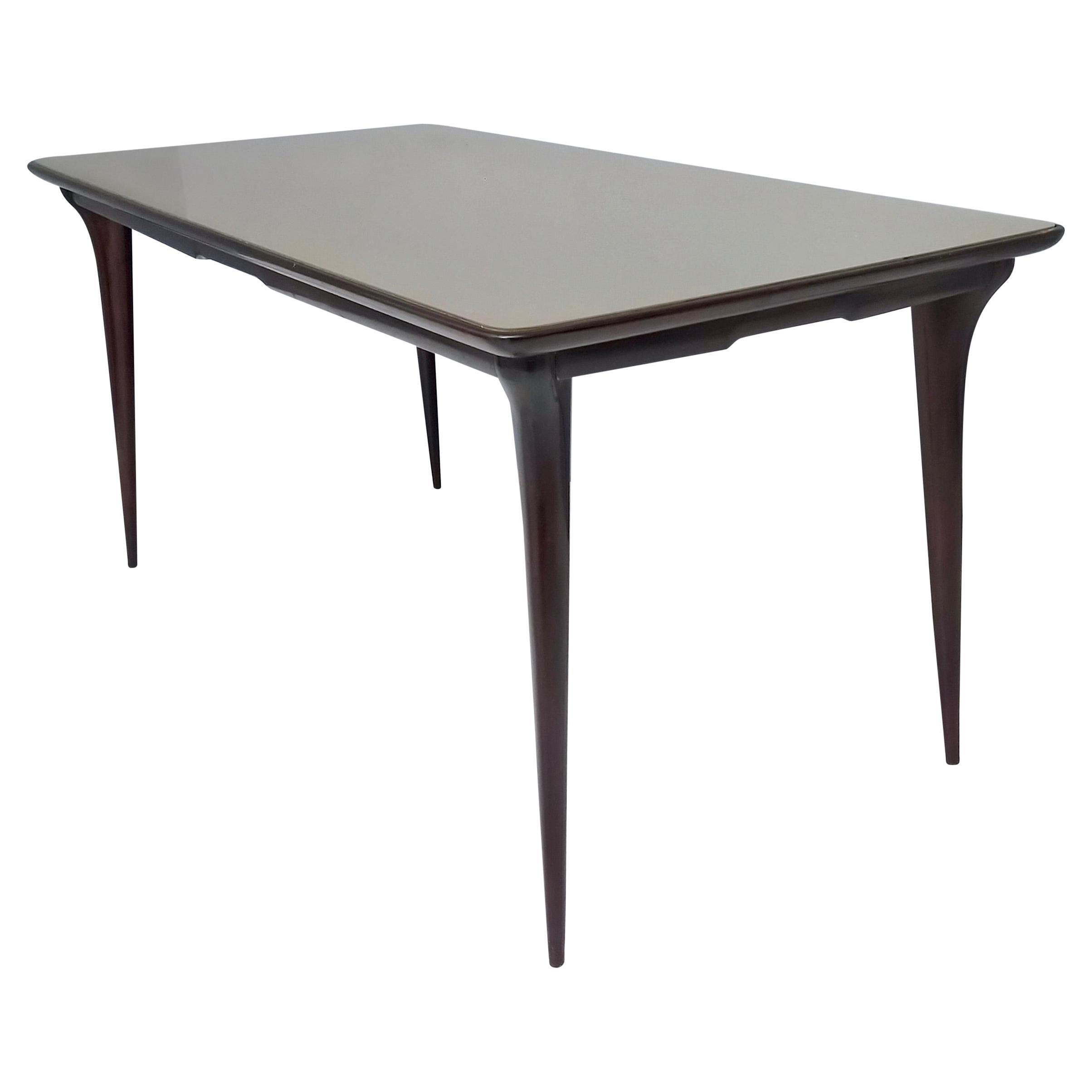 Vintage Ebonized Beech Dining Table with a Taupe Glass Top, Italy For Sale