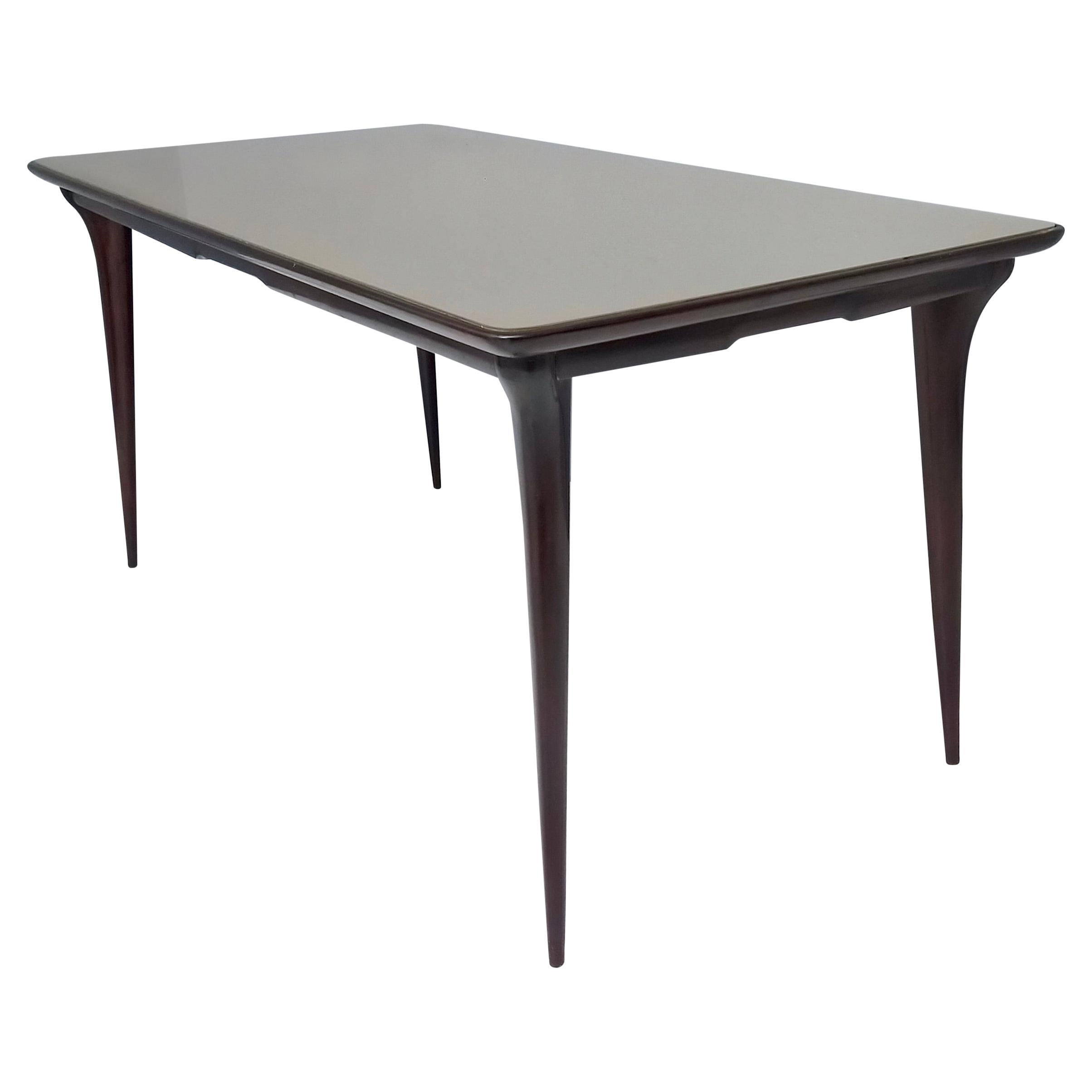 Table de salle à manger vintage en hêtre ébénisé avec plateau en verre taupe, Italie