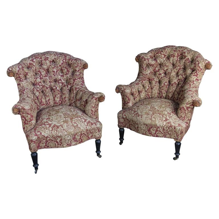 Pair of Tufted and Scrolled Back Chairs in Printed Velvet