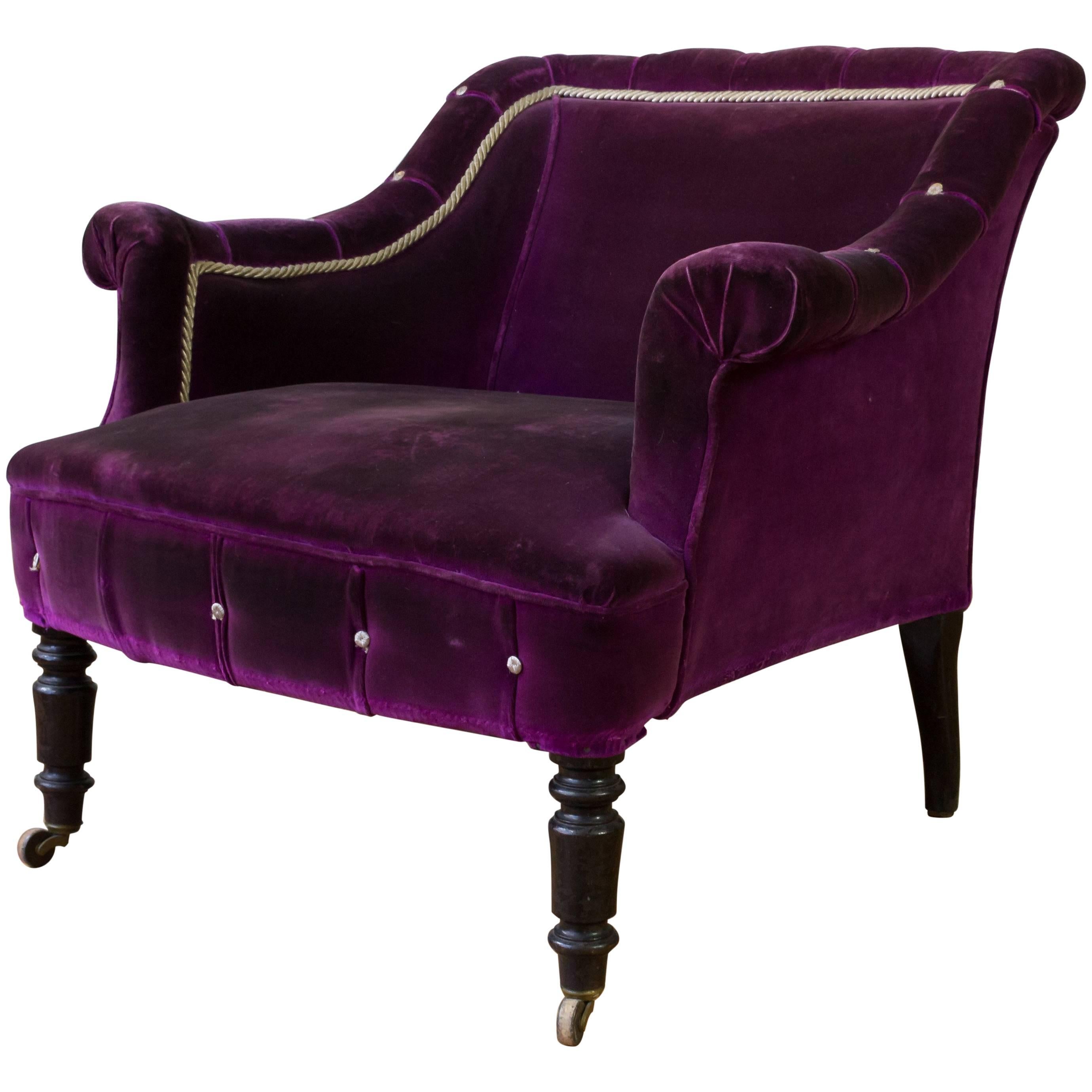 French 19th Century Armchair in Distressed Purple Velvet with White Braided Trim