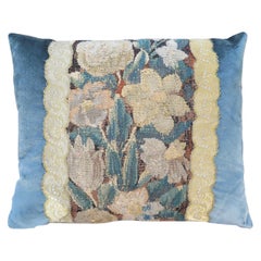 18th Century Floral Tapestry Fragment with Blue Silk Velvet Pillow