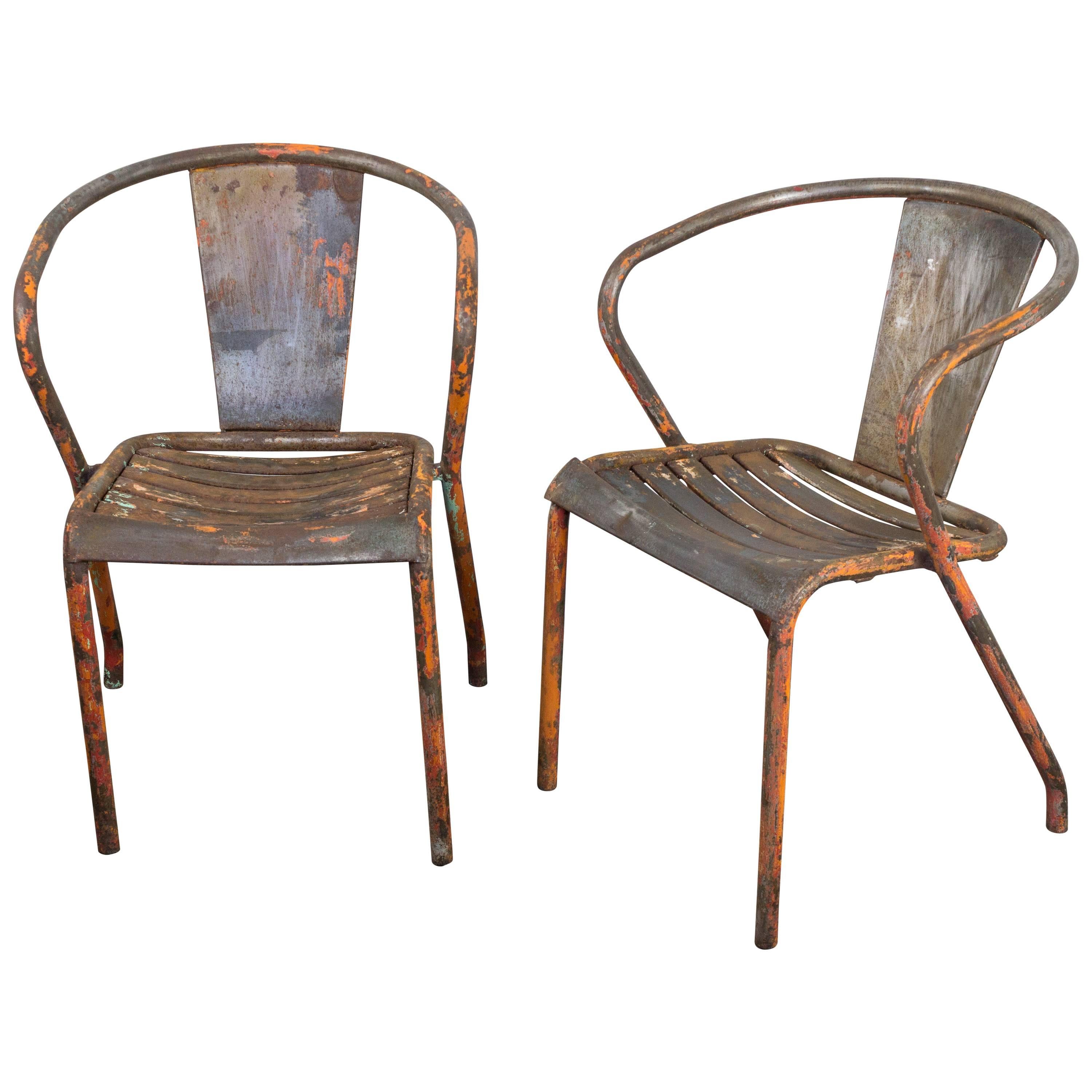 Pair of French Tolix Industrial Chairs with Distressed Orange Paint Finish