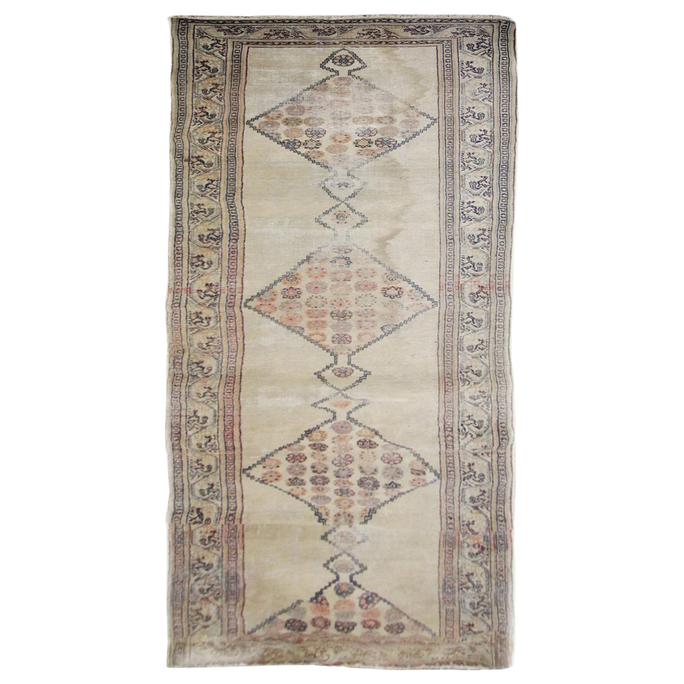Antique Runner Rug 1900, Caucasian Runner Handmade Cream Wool Carpet For Sale