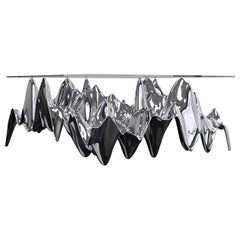 Tavolino Sinusoid, forma ondulata scultorea, acciaio inossidabile, stile contemporaneo