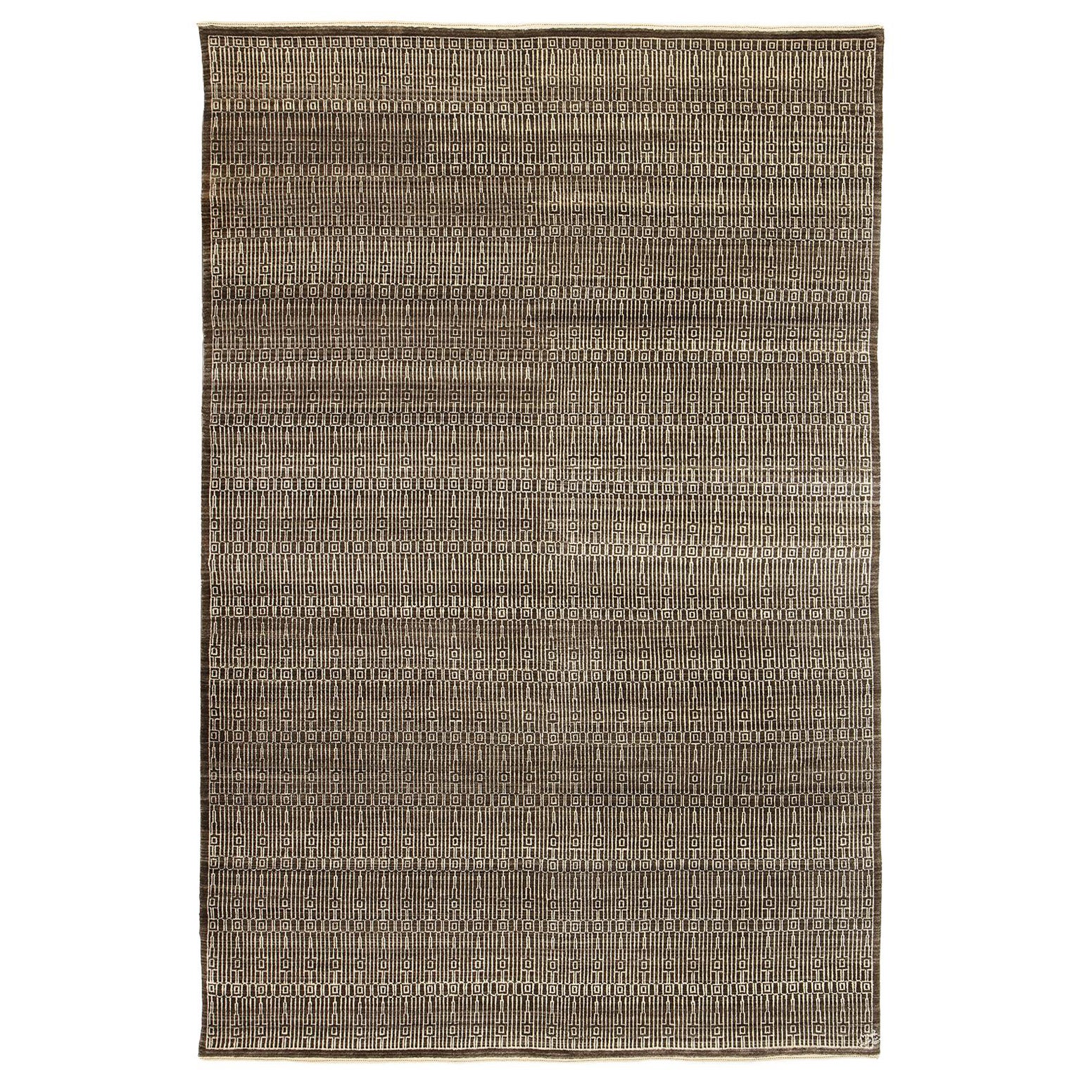 Tapis persan contemporain en laine nouée à la main, crème et gris naturel, 6 pi x 9 pi en vente