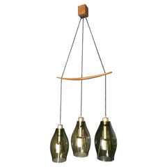 Midcentury Chandelier Pendant Glass Wood in the Style of Stilnovo Italy 1960s