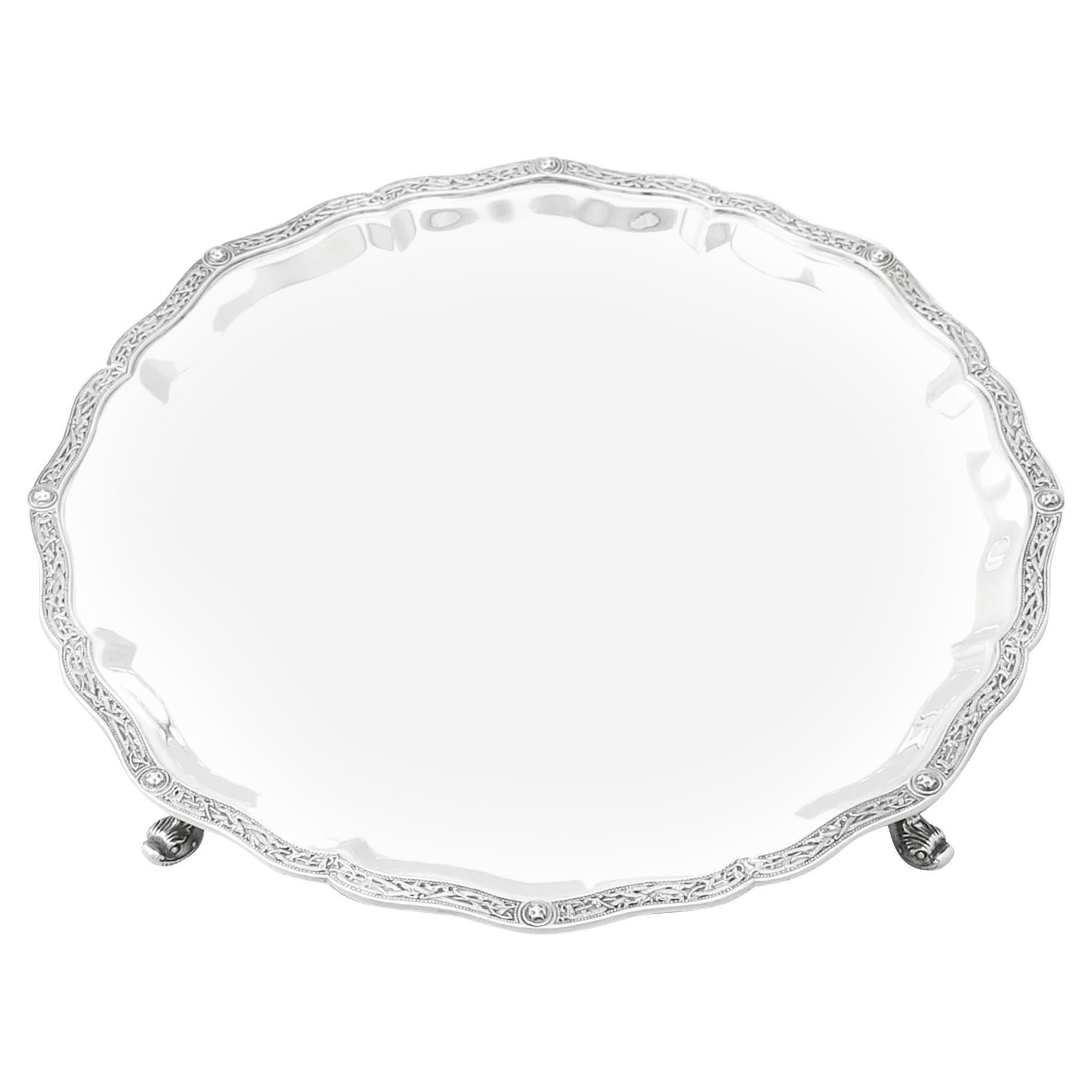Wakely & Wheeler Vintage English Sterling Silver Salver Lindisfarne Style For Sale