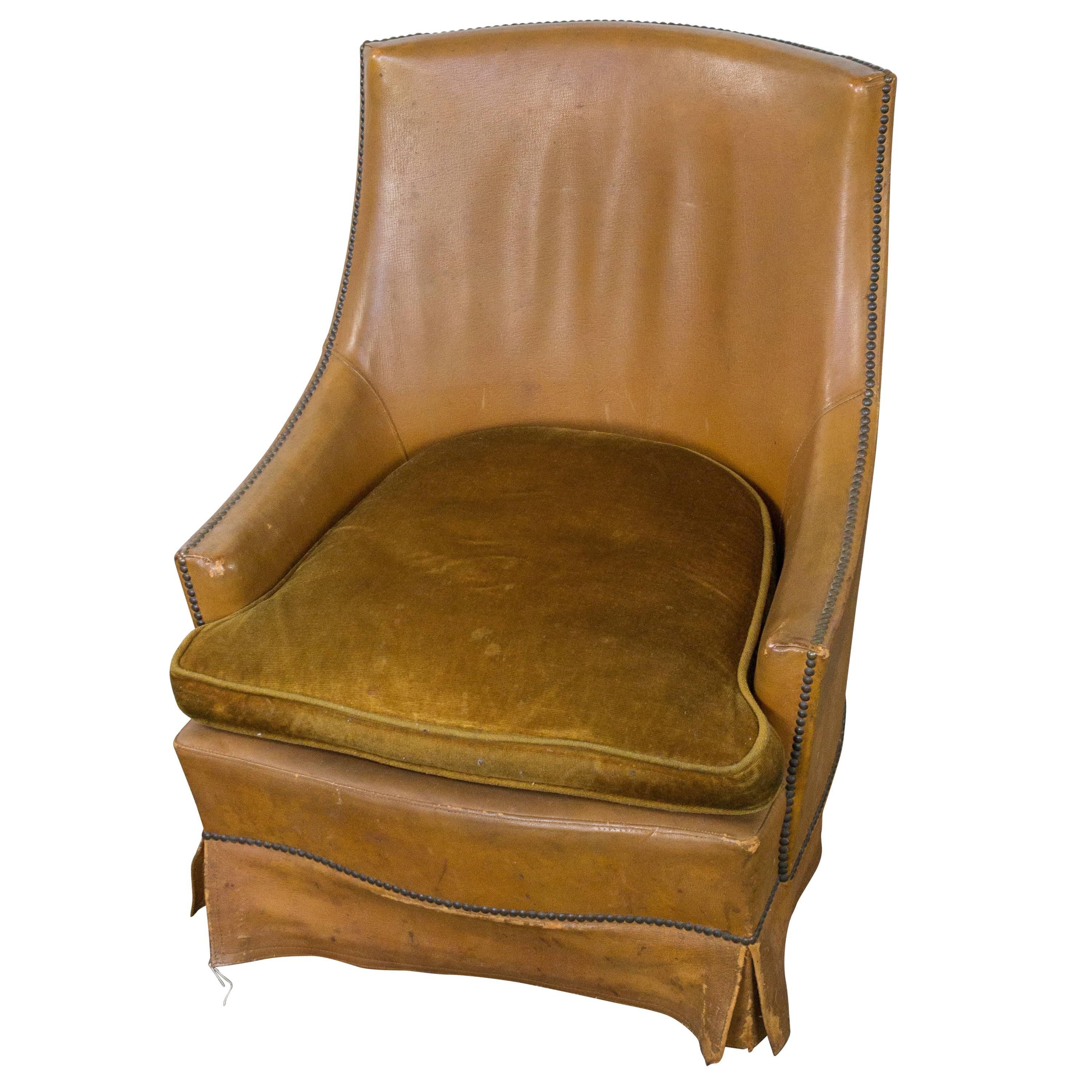 French Leather Armchair with Brass Nailheads