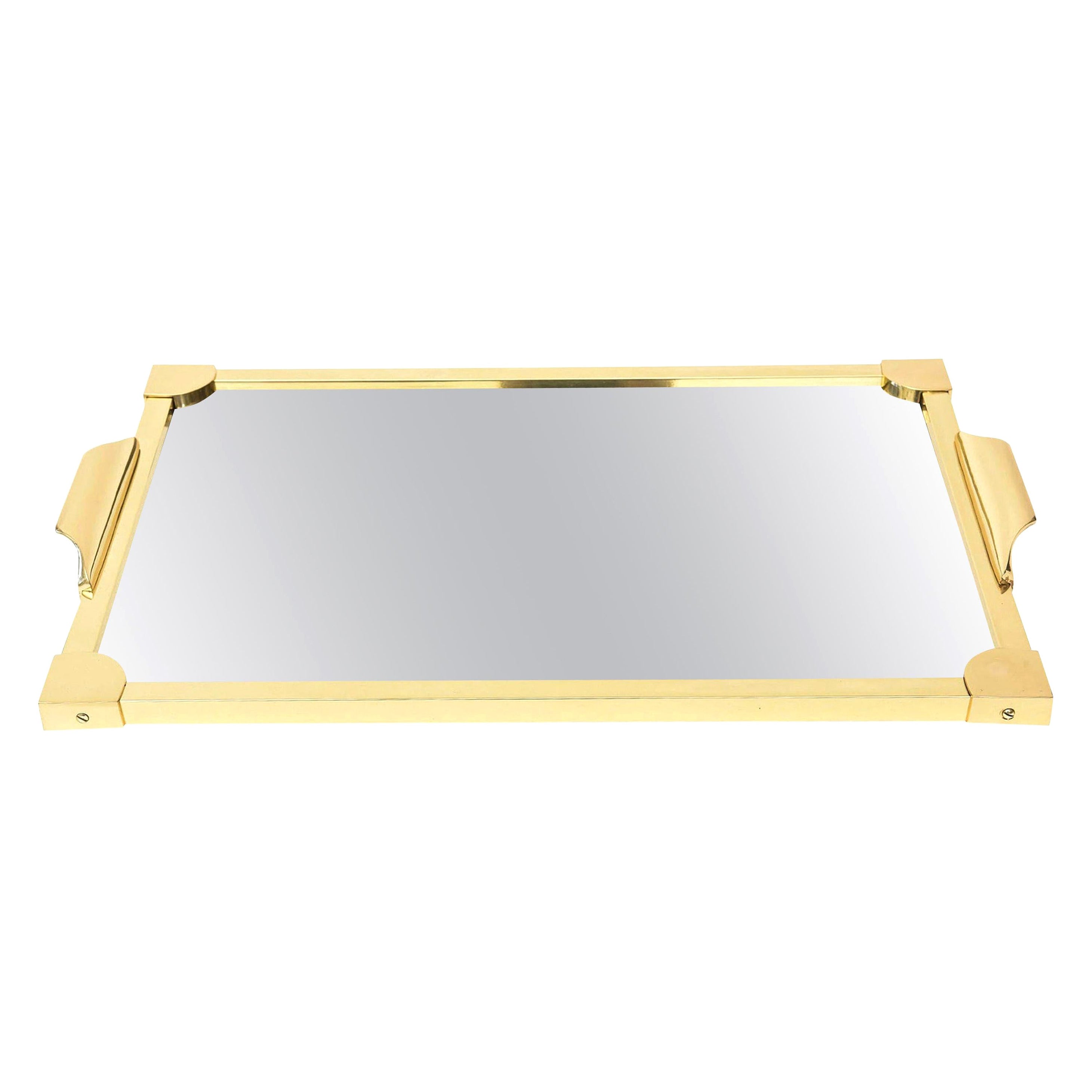 Italian Brass Modernist Serving Tray with Mirror Barware Mid-Century Modern For Sale