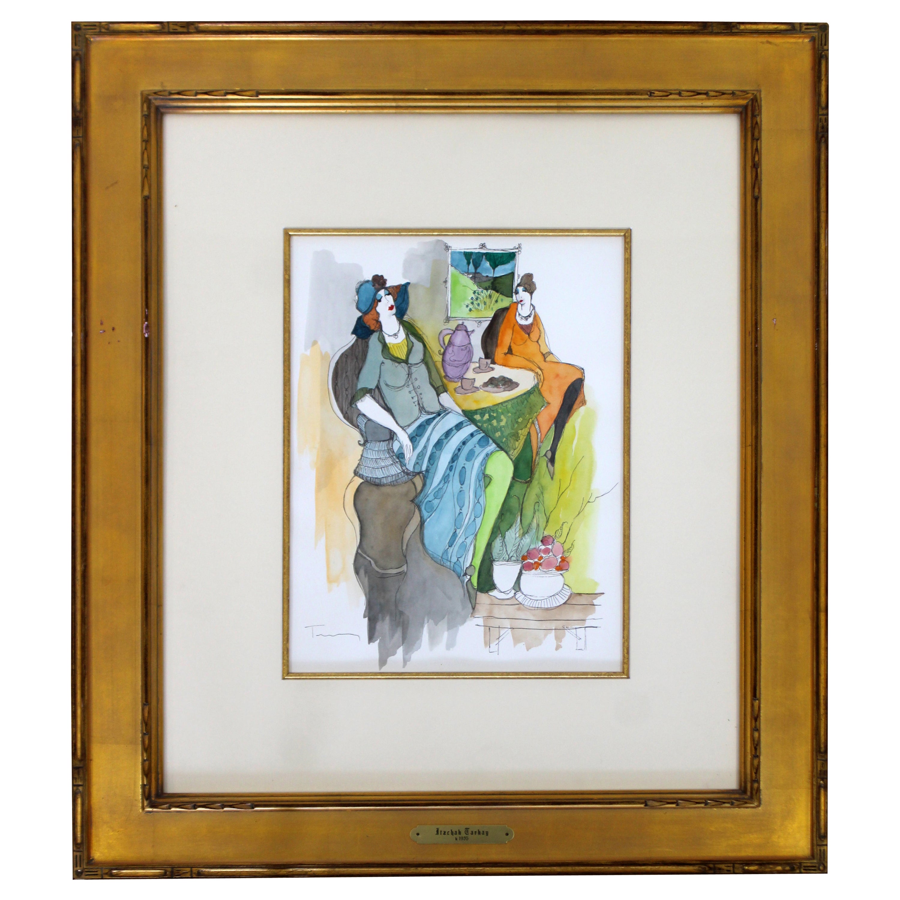 Unique Itzchak Tarkay Watercolor Mixed Media Original Tea for Two For