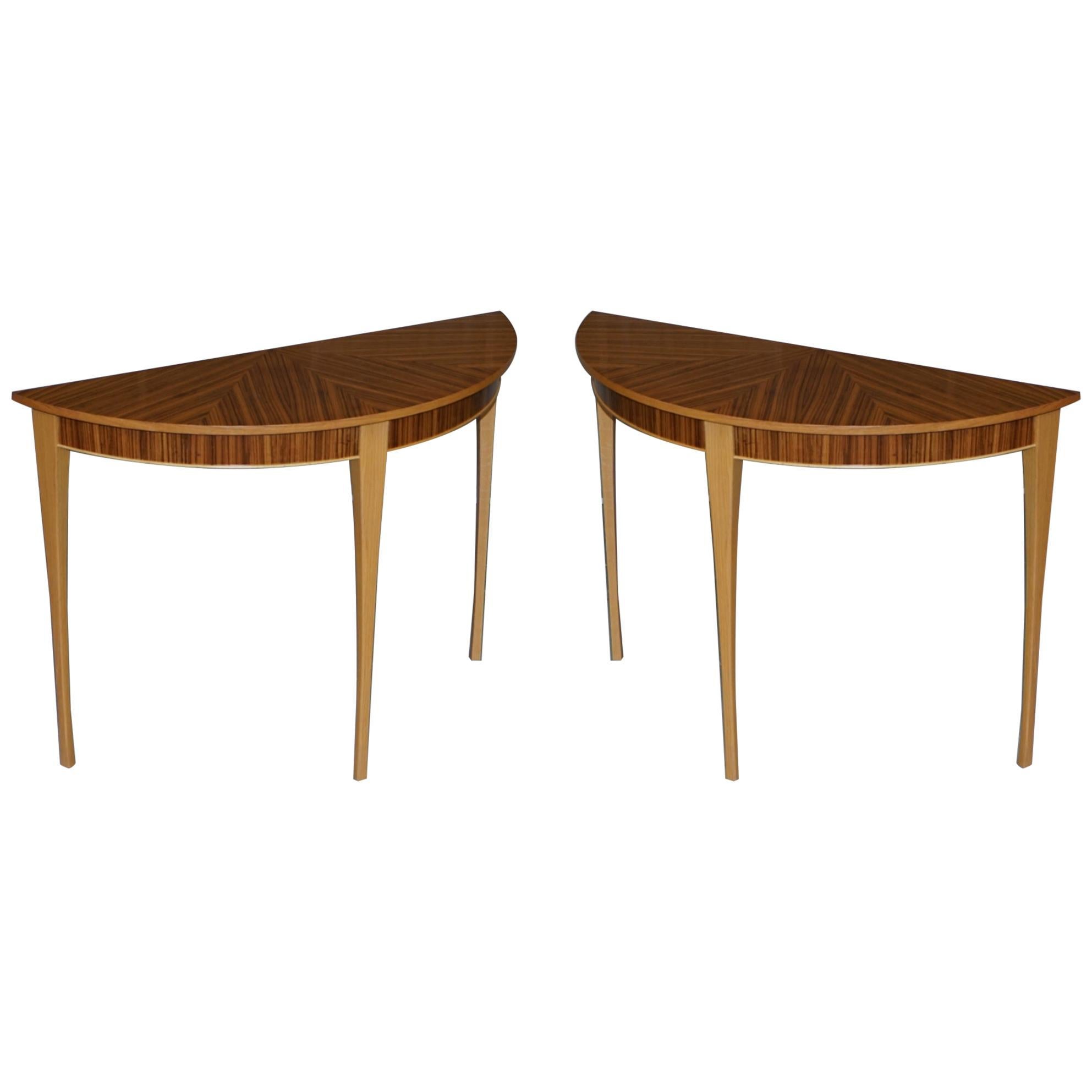 X2 Lovely Bevan Funnell Phoenix Zebrano Wood Demilune Console Tables