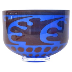 Retro Orrefors Graal Glass Cobalt Blue Bowl by Gunnar Cyren