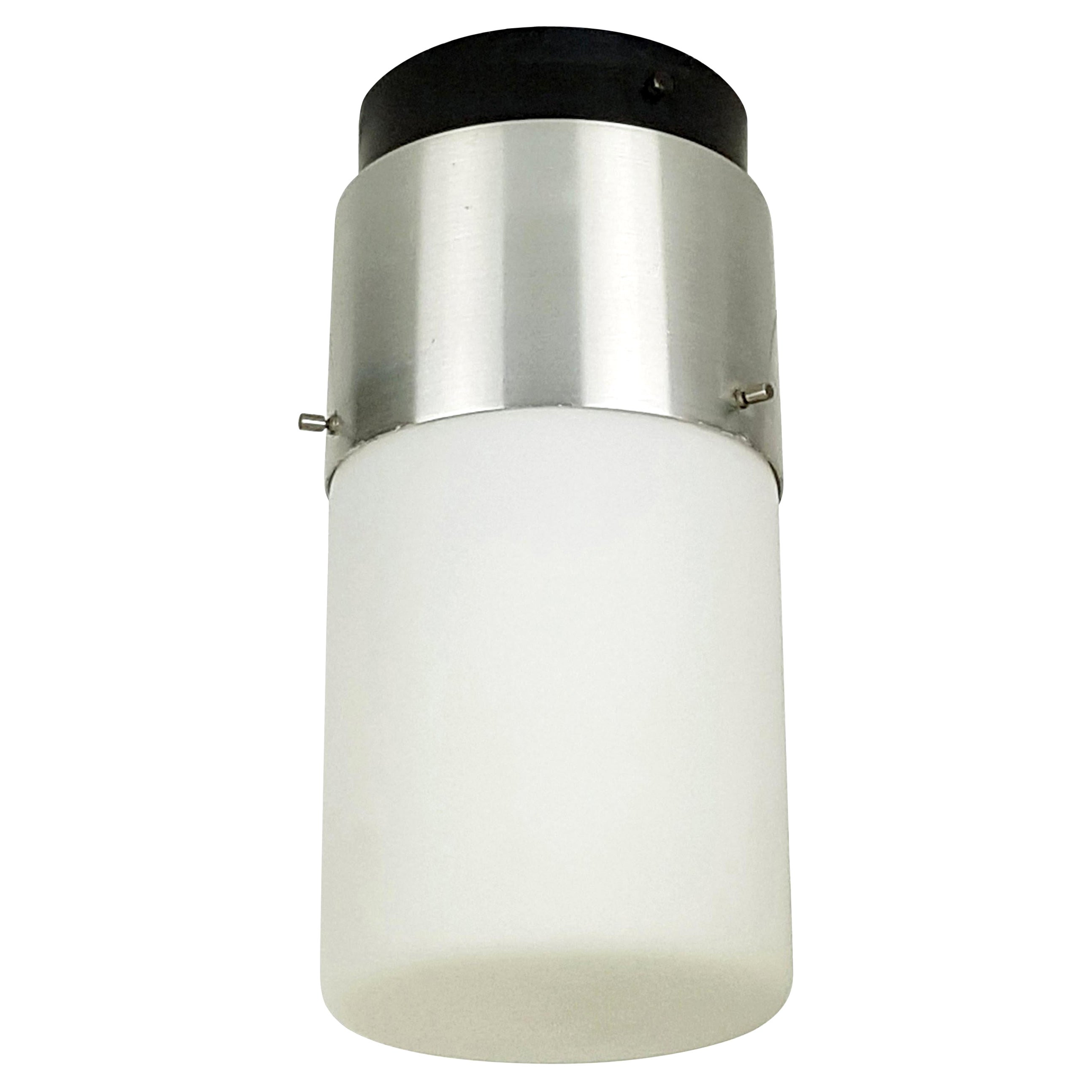 Cylindrical White Glass and Black Aluminium 1950s Flushmount Lamp by Stilnovo For Sale