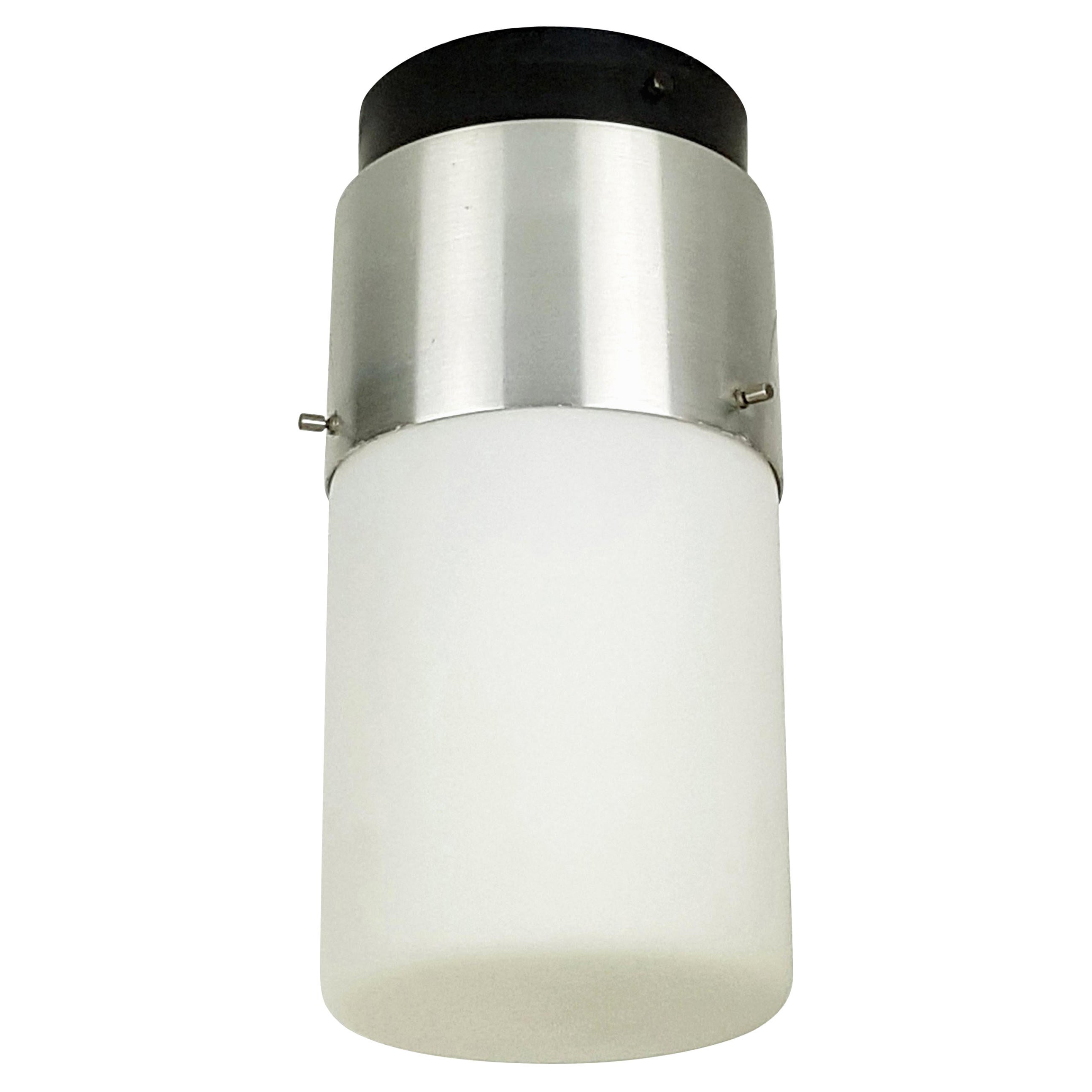 Lampada da incasso cilindrica in vetro bianco e alluminio nero anni '50 di Stilnovo