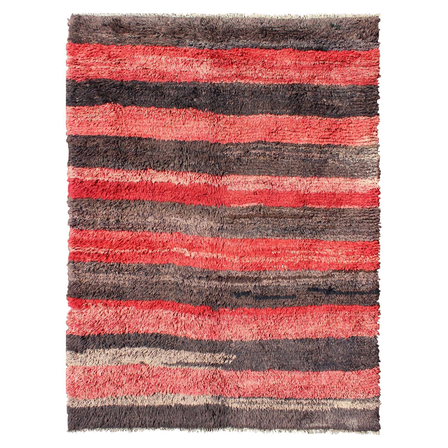 Vintage Tulu rug from Turkey in charcoal and red with stripe Minimalist Design