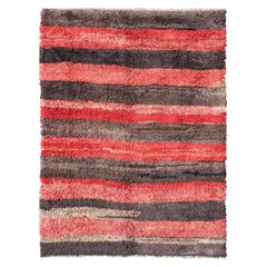 Vintage Tulu rug from Turkey in charcoal and red with stripe Minimalist Design