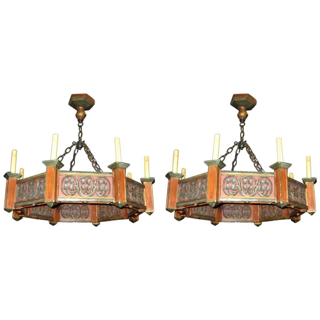 Pair of Painted Wood Chandeliers, Sold Individually