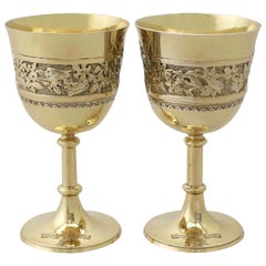 Stephen Smith Vintage Victorian Pair of Sterling Silver Gilt Goblets