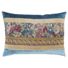 18th Century Floral Tapestry Fragment with Blue Silk Velvet Pillow