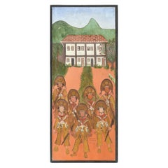 Vintage Folk Art Painting of a Villa Hacienda with Soldiers in Costume by Alayde Lacerda