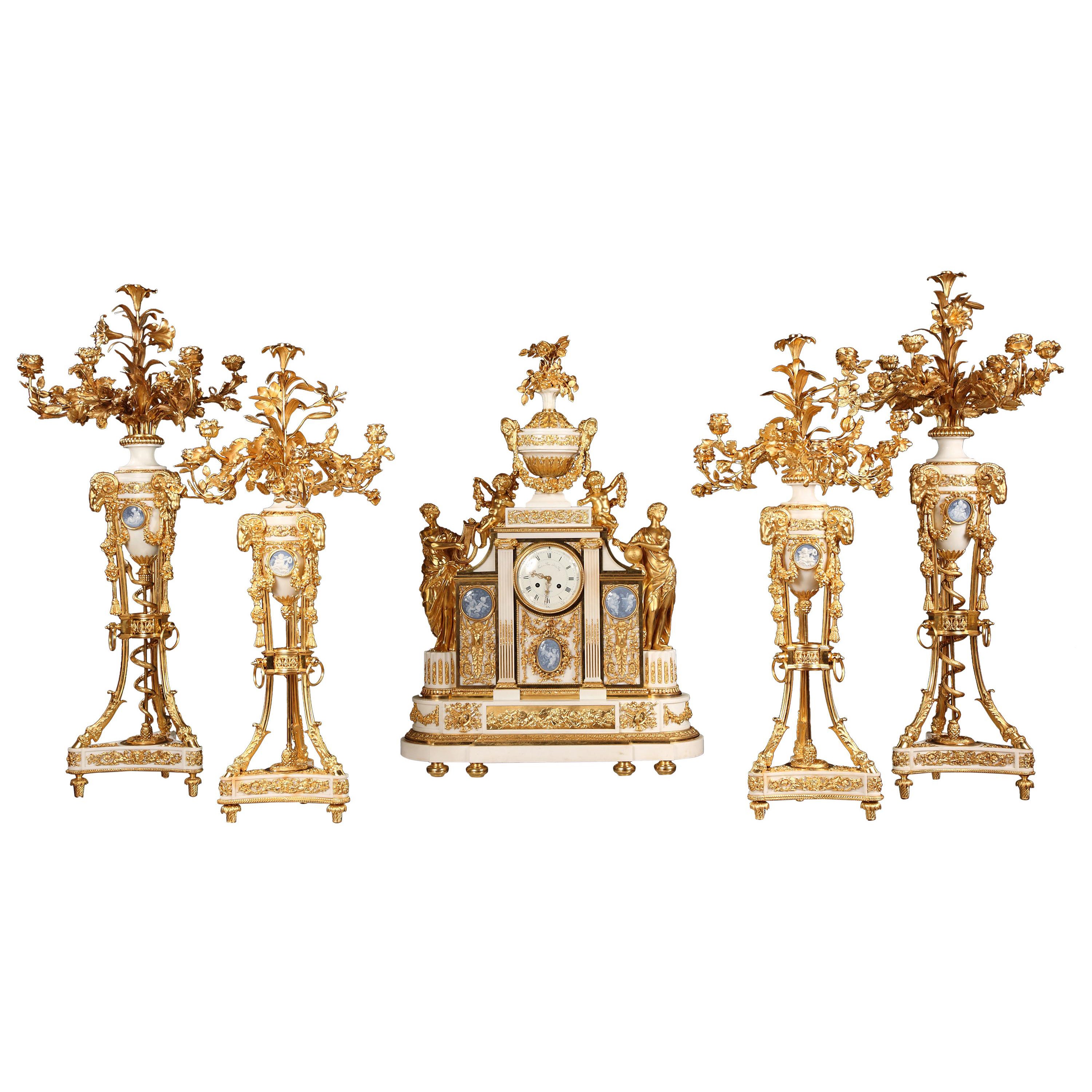 Important Five Pieces Marble and Gilded Bronze Clock Set, France, Circa 1860 For Sale