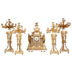 Antique Important Five Pieces Marble and Gilded Bronze Clock Set, France, Circa 1860